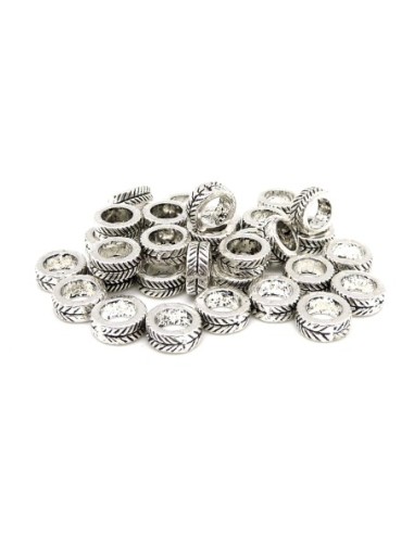 30 Perles rondelle, anneau à gros trou 4,7mm en métal argenté vieilli travaillé