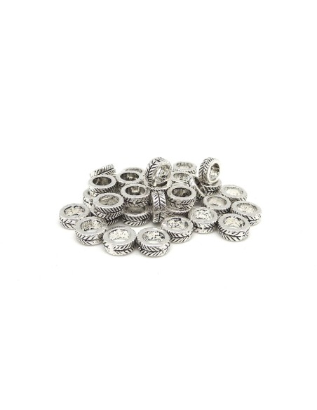 30 Perles rondelle, anneau à gros trou 4,7mm en métal argenté vieilli travaillé
