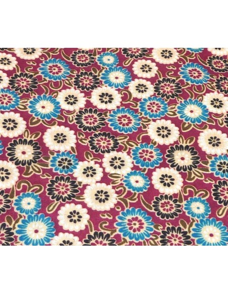 R-Coupon tissus à petite fleur beige, bleu turquoise et noir sur fond rose framboise 90cm X 140cm