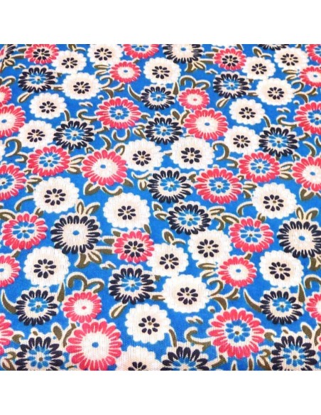 R-Coupon tissus à petite fleur beige, noir et rose fuchsia sur fond bleu canard, bleu turquoise 90cm