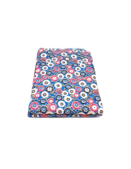 R-Coupon tissus à petite fleur beige, noir et rose fuchsia sur fond bleu canard, bleu turquoise 90cm