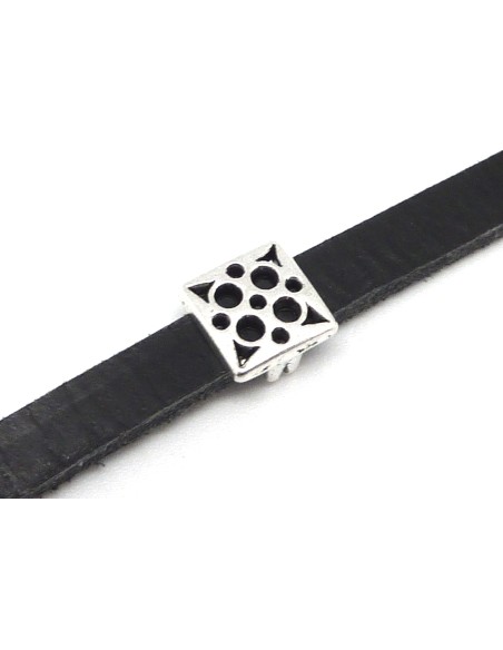 10 Perles passant carré forme géométrique rond triangle ajourée slide pour lanière de 6mm en métal argenté