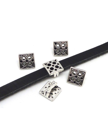 10 Perles passant carré forme géométrique rond triangle ajourée slide pour lanière de 6mm en métal argenté