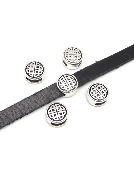 10 Perles passant ronde travaillé slide pour lanière de 6mm - 7mm en métal argenté