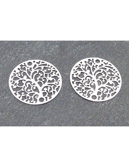R-2 Estampes connecteur en filigrane ronde arbre de vie travaillé 20mm en métal argenté brillant blanc