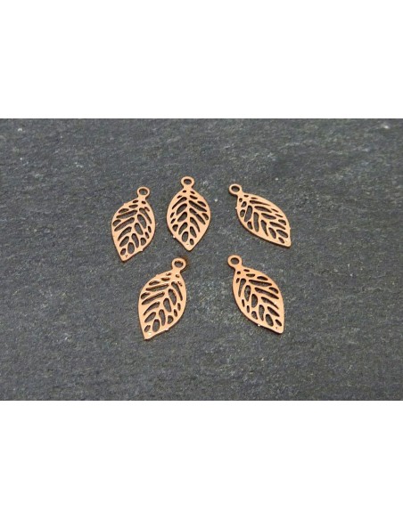 10 Petites breloques feuille en filigrane très fine, légère et stylisé 11,2mm en métal couleur or rose