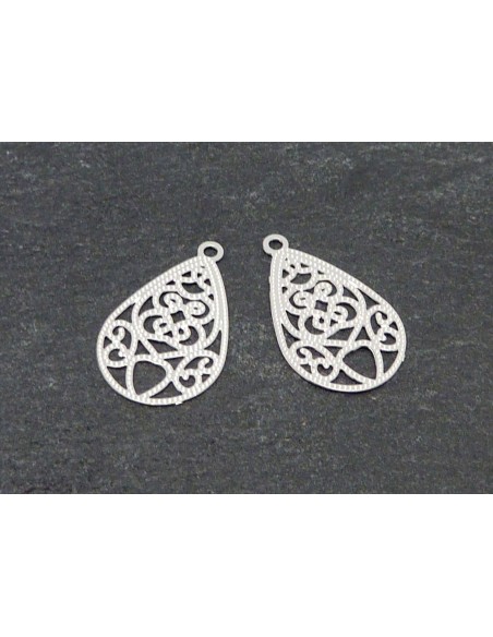 R-4 Estampes pendentifs larme goutte en filigrane très fine, légère, stylisé 18,2mm en métal argenté brillant blanc