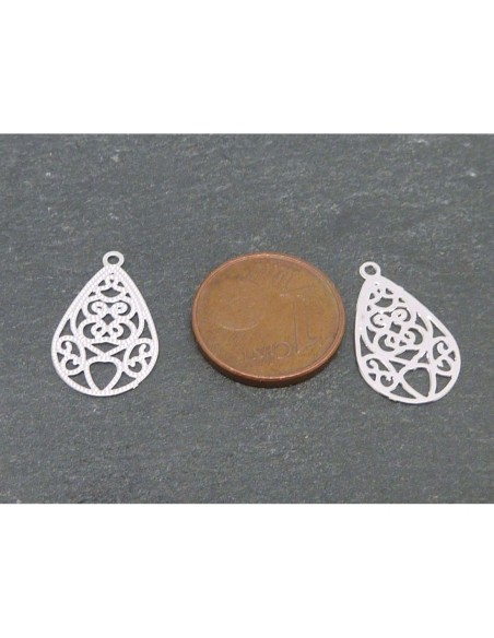R-4 Estampes pendentifs larme goutte en filigrane très fine, légère, stylisé 18,2mm en métal argenté brillant blanc
