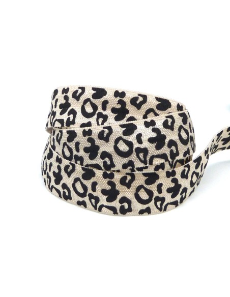 R-1m Ruban élastique 15mm motif panthère beige et noir effet soyeux légèrement brillant  R-