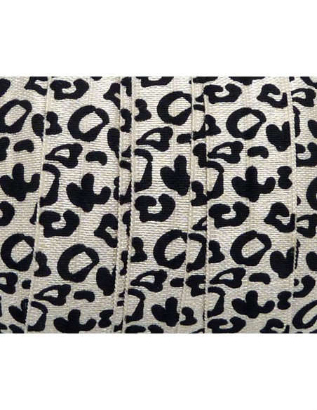 R-1m Ruban élastique 15mm motif panthère beige et noir effet soyeux légèrement brillant  R-