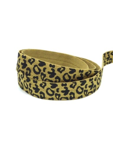 Ruban galon élastique vert bronze 15mm motif léopard