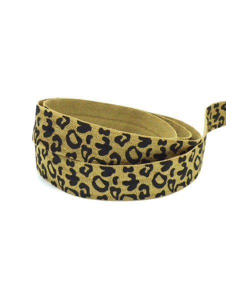 Ruban galon élastique vert bronze 15mm motif léopard