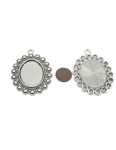 Pendentif Support cabochon ovale 22mm x 30mm en métal argenté ouvragé