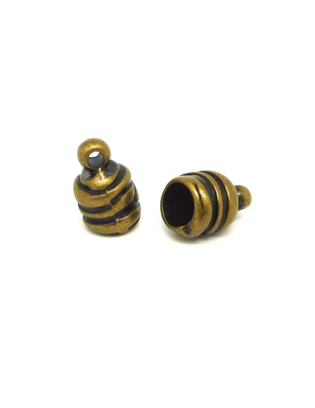 2 Embouts rond strié pour cordon de 10mm en métal de couleur bronze travaillé