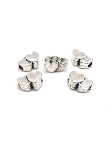 5 Perles double coeur en métal argenté travaillé vieilli trou 3,5mm