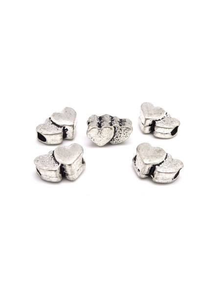 5 Perles double coeur en métal argenté travaillé vieilli trou 3,5mm