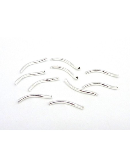 10 Perles tube, courbe en métal argenté brillant lisse léger 20mm
