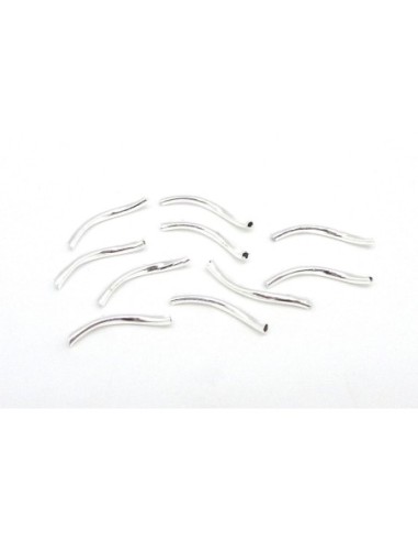 10 Perles tube, courbe en métal argenté...