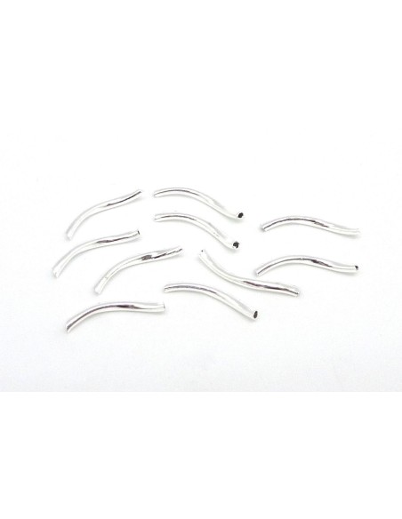 10 Perles tube, courbe en métal argenté brillant lisse léger 20mm