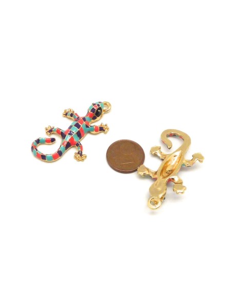 1 Breloque salamandre, pendentif lézard en métal doré émaillé