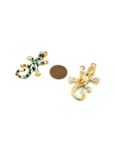 Pendentif salamandre en métal doré et émaillé bleu