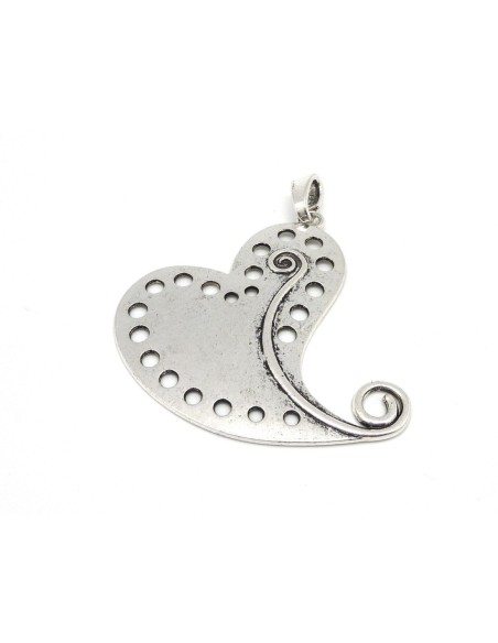 1 Grand Pendentif coeur stylisé 6,8cm en métal argenté troué ajouré