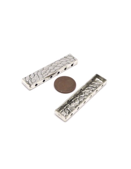 2 Perles multirangs, intercalaire, 6 trous en métal argenté travaillé martelé 47,6mm