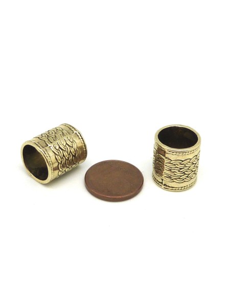 R-3 Grosses perles travaillé tube 12,5mm à gros trou 10mm en métal de couleur doré pâle