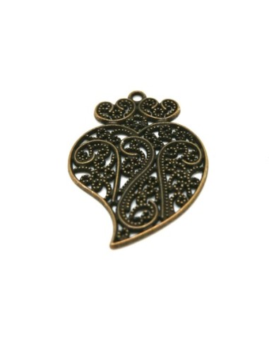 Breloque filigrane forme feuille en métal de couleur bronze