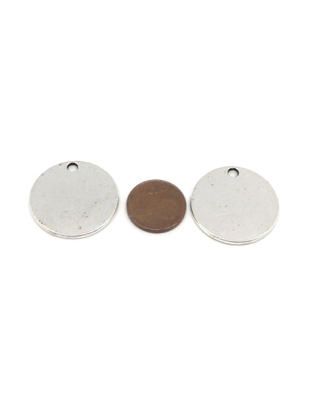 5 breloques sequin, pastille 19mm en métal argenté lisse vieilli, disque lisse