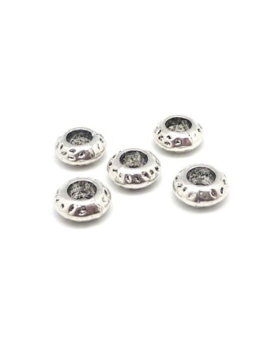 10 Perles rondes aplaties martelé, 10,5mm en métal argenté strié  à gros trou 5,4mm