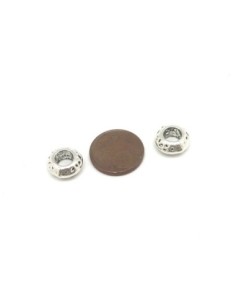 10 Perles rondes aplaties martelé, 10,5mm en métal argenté strié  à gros trou 5,4mm 2