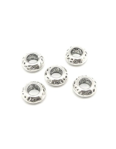 10 Perles rondes aplaties martelé, 10,5mm en métal argenté strié  à gros trou 5,4mm