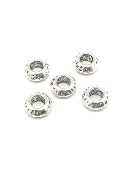 10 Perles rondes aplaties martelé, 10,5mm en métal argenté strié  à gros trou 5,4mm