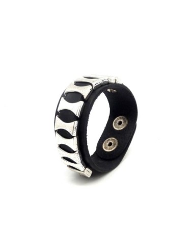 Kit bracelet cuir manchette homme ajustable avec lot de 11 perles passant en métal argenté : CUIR VERITABLE noir
