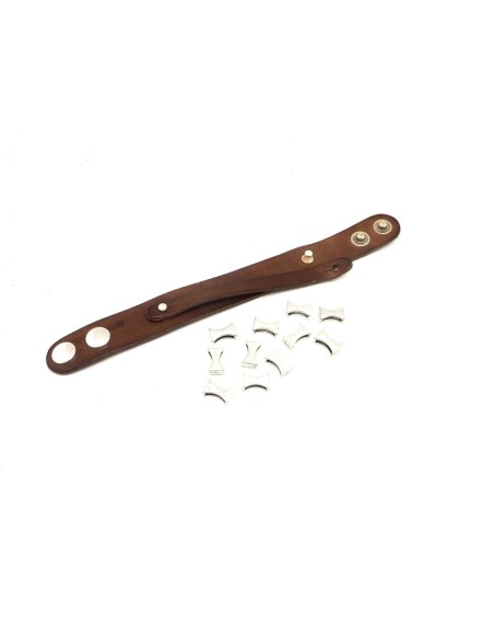 R-Kit bracelet cuir manchette homme ajustable avec lot de 11 perles passant en métal argenté : CUIR VERITABLE marron