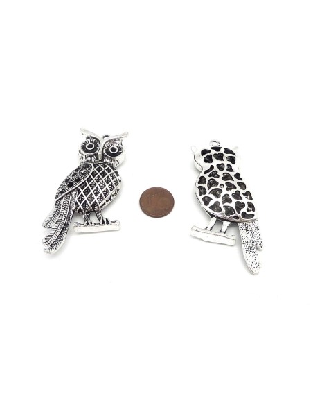 1 Breloque, pendentif grand hibou, chouette 66,6mm en métal argenté