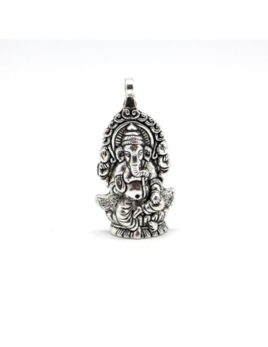 R-1 grand pendentif  Dieu Ganesh reconnaissable à sa tête d'éléphant et à ses 4 bras 6,1cm en métal argenté travaillé