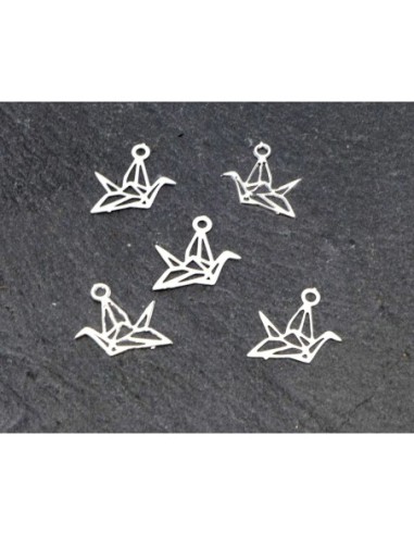 5 Petites Breloques en filigrane petit oiseau origami fine légère et stylisé 10,3mm en métal argenté brillant blanc