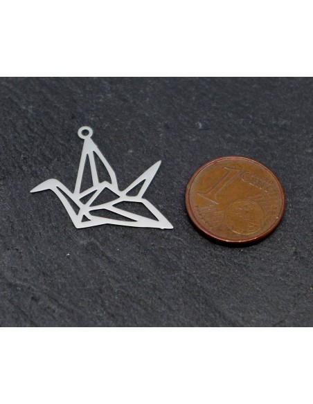 2 Breloques filigrane oiseau origami fine légère et stylisé 19,2mm en métal argenté brillant blanc b