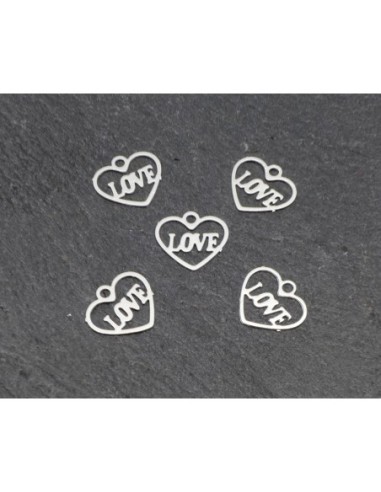 5 Petites breloques coeur love filigrane évidé très fine, légère et stylisé 8,3mm en métal argenté