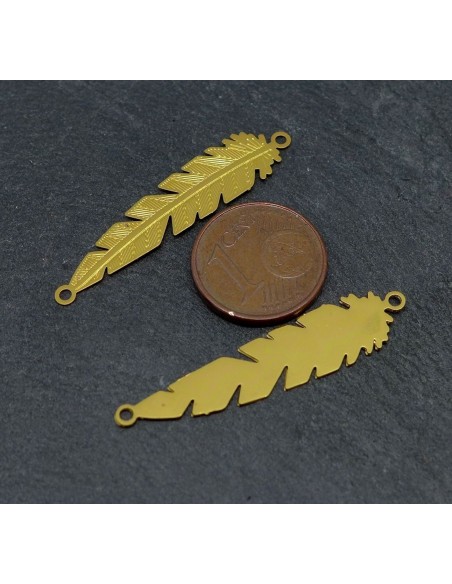 R-2 connecteurs plume feuille en filigrane très fine, légère et stylisé 36,5mm en métal doré