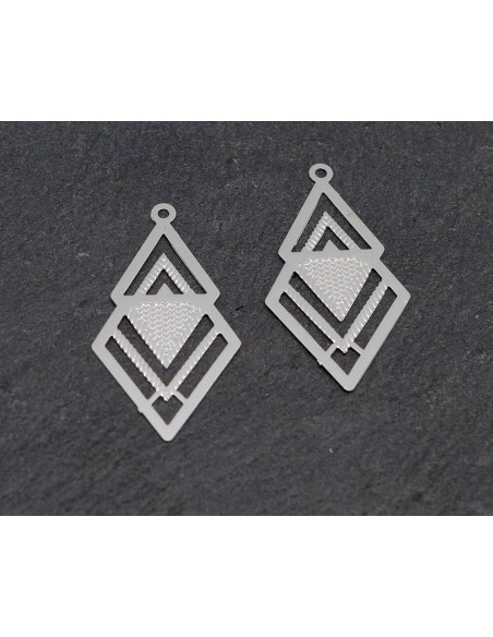 R-2 breloques double triangle losange en métal argenté fine et légère filigrane 27mm X 15mm tendance géométrique