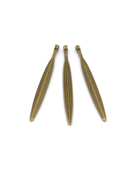 R-3 breloques pendentif navette effilées longue, plume 56,2mm x 5,8mm en métal de couleur bronze travaillé