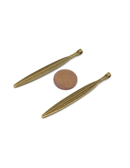 R-3 breloques pendentif navette effilées longue, plume 56,2mm x 5,8mm en métal de couleur bronze travaillé