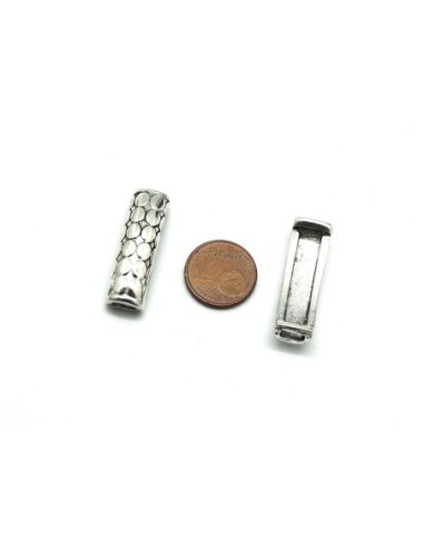 2 Perles passant rectangle gravé pois en relief pour cordon de 5mm en métal argenté 