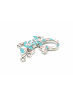 1 Breloque salamandre, gecko, lézard, pendentif en métal argenté émaillé de couleur rose pastel, bleu pastel et blanc 