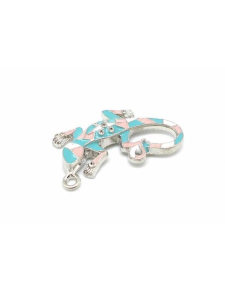 1 Breloque salamandre, gecko, lézard, pendentif en métal argenté émaillé de couleur rose pastel, bleu pastel et blanc 