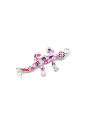 1 connecteur breloque salamandre, gecko, lézard, pendentif en métal argenté émaillé de couleur rose pâle, violet et rose vif 