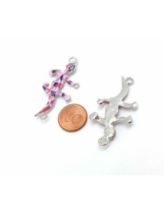 1 connecteur breloque salamandre, gecko, lézard, pendentif en métal argenté émaillé de couleur rose pâle, violet et rose vif  2